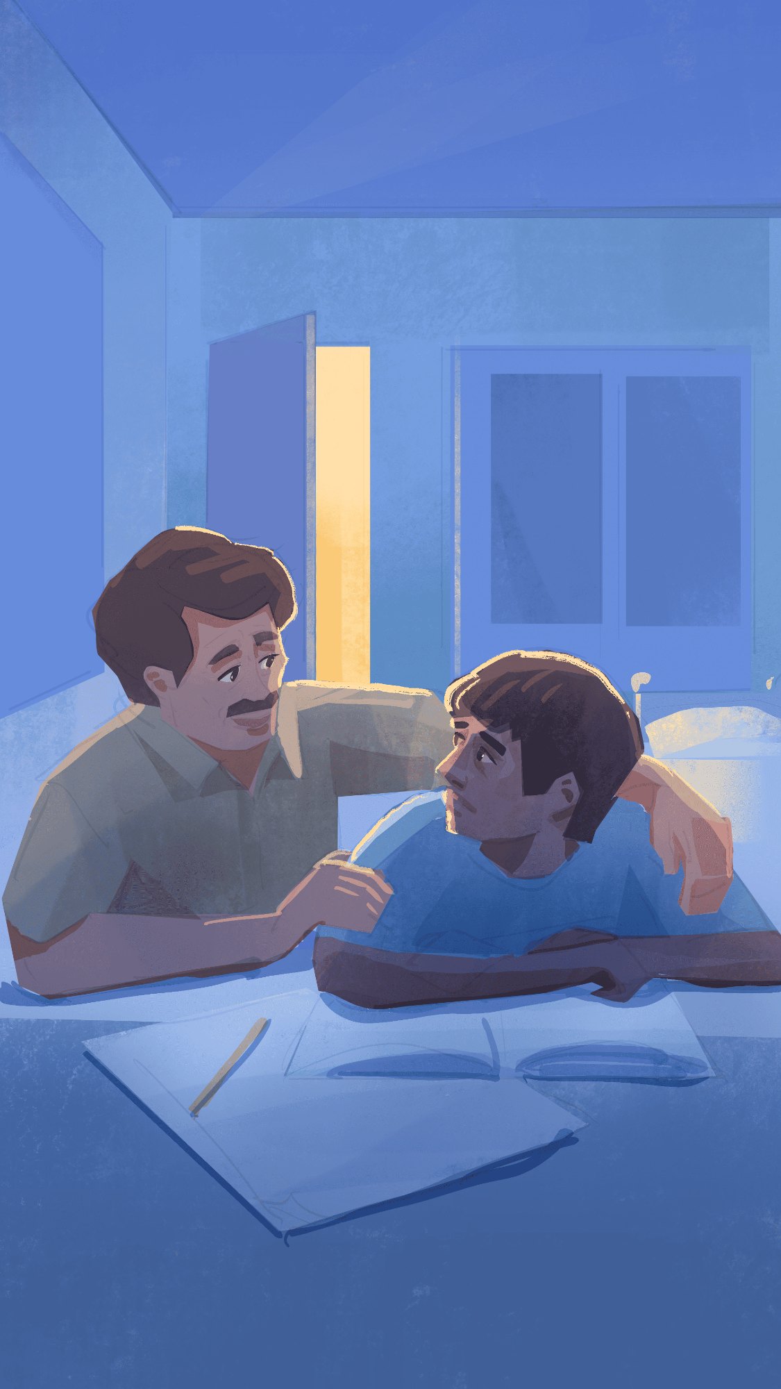 Father and son at study table