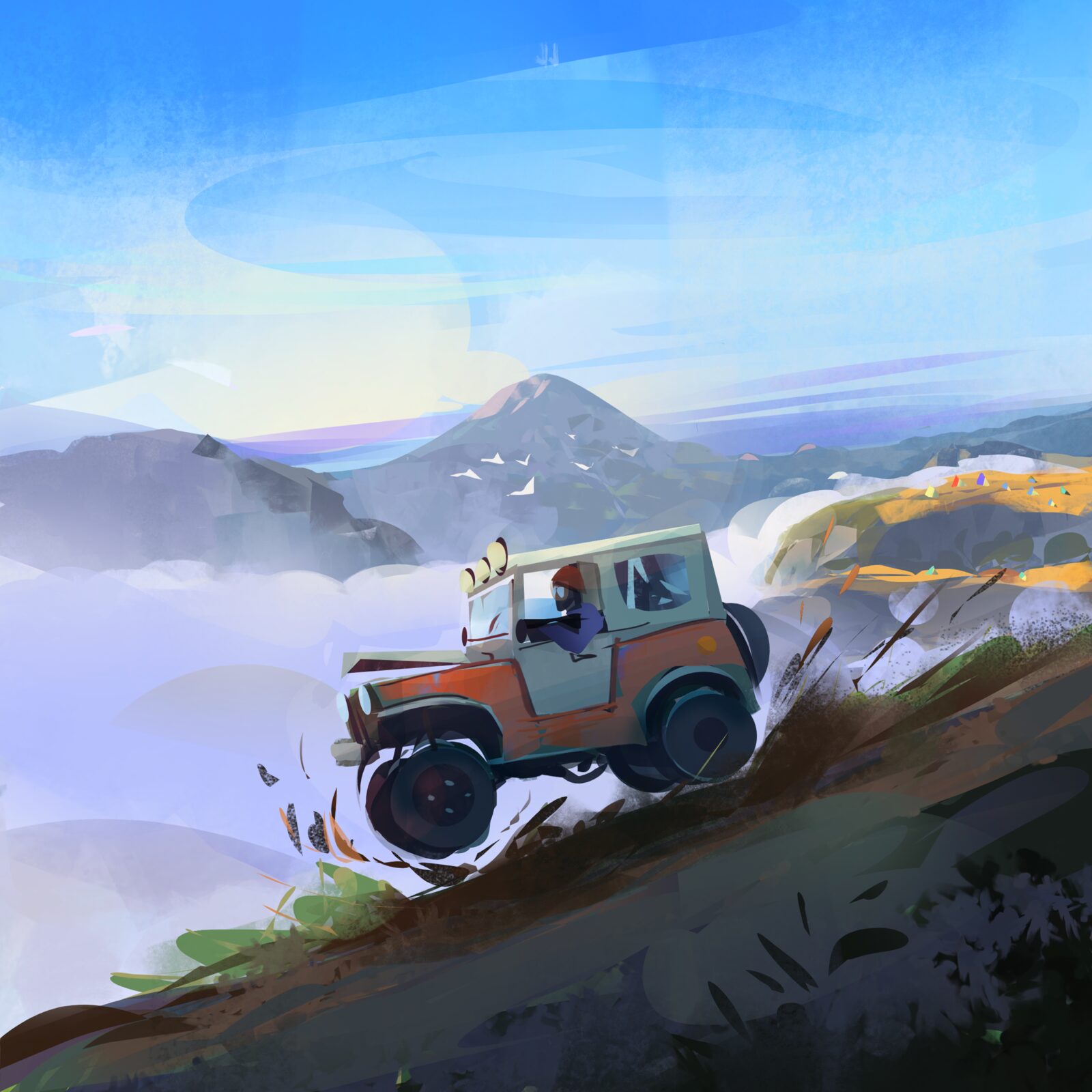 Jeep driving above the clouds