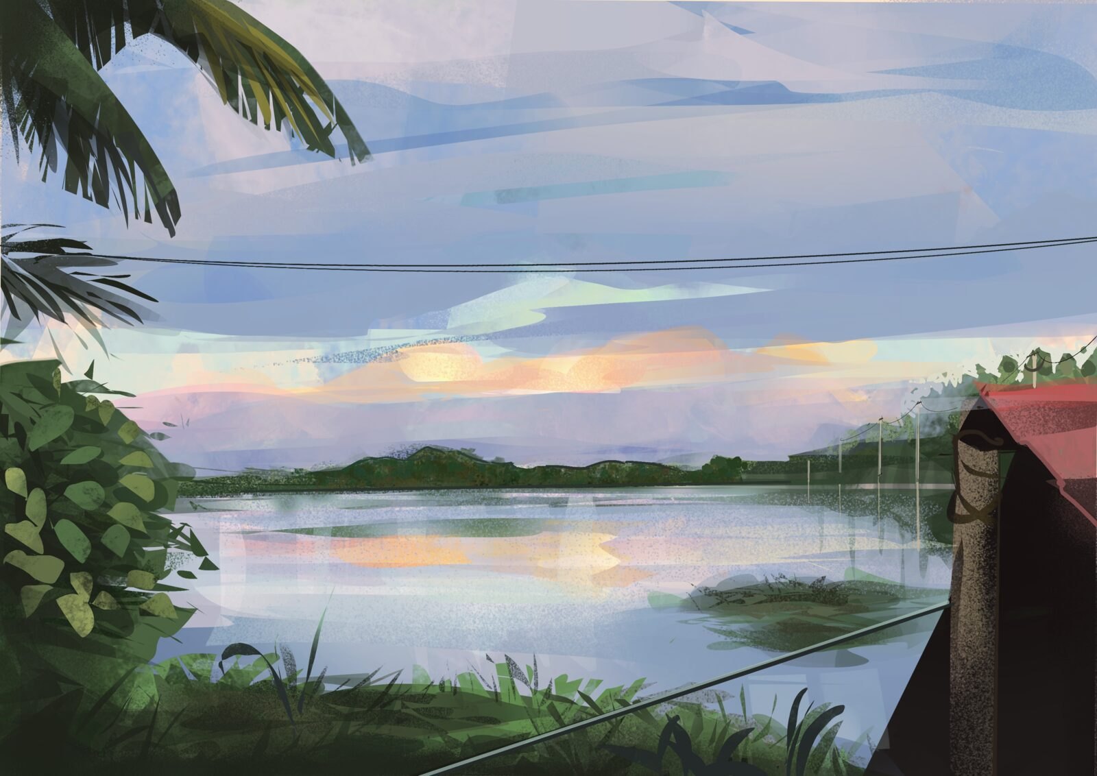 Lakeside hut at sunset