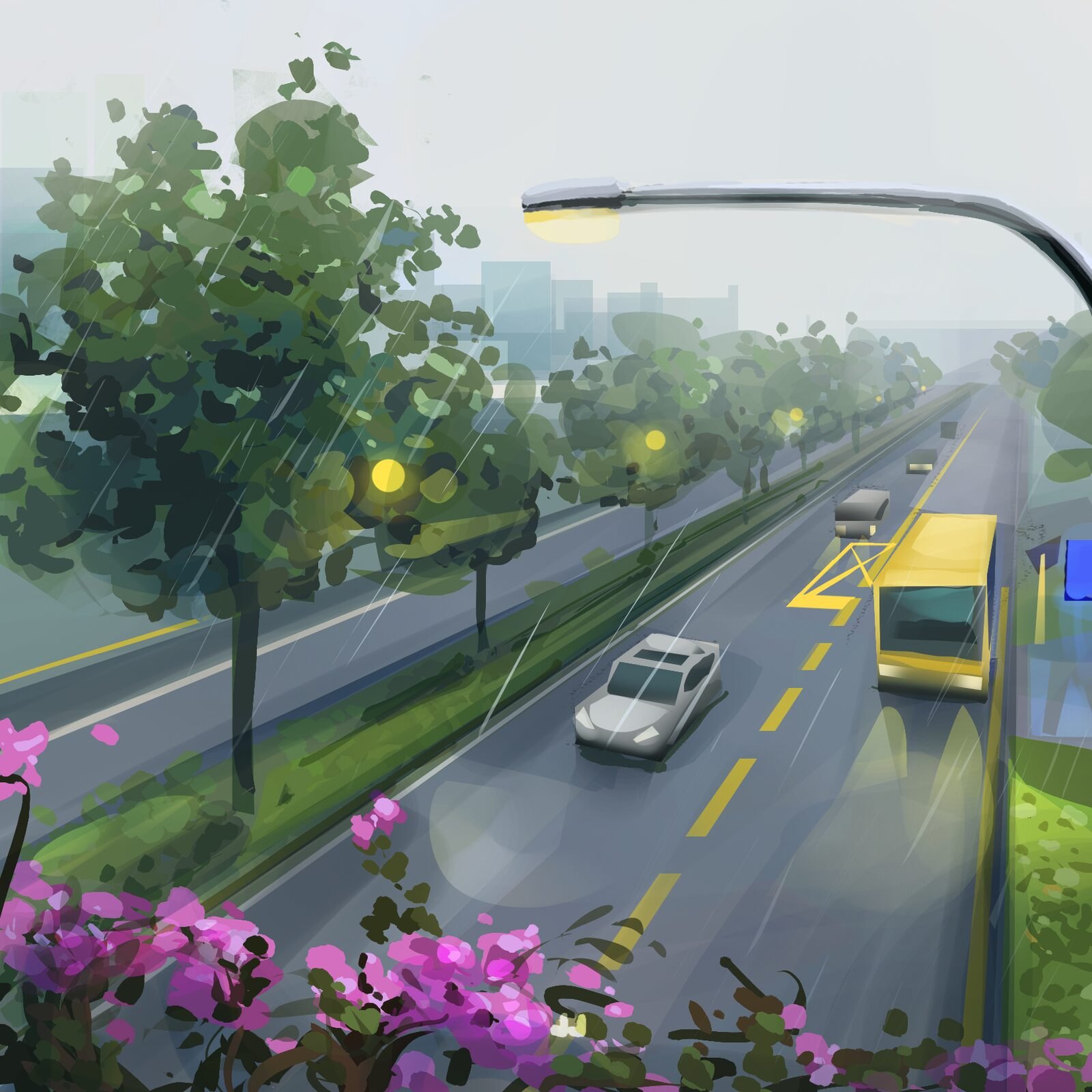 Rainy highway at dusk